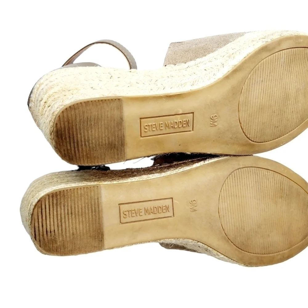 Steve Madden Jaylen Espadrille Suede Leather Wedge Heels Sandals Taupe Size 9